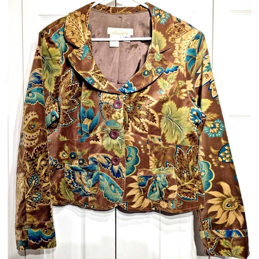 Suzette Women Sz: L Blazer/Jacket Vintage 3 Button Floral Made USA Lined EUC